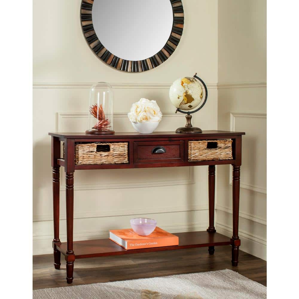 Christa Cherry Pine Console Table with Rattan Storage