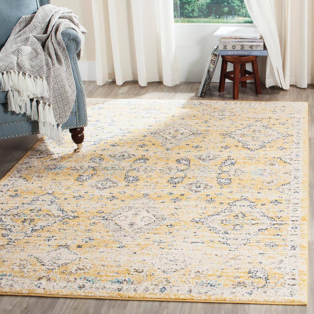 Gold and Ivory High Pile Synthetic Rectangular Rug