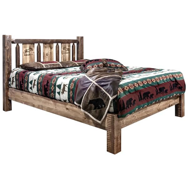 MONTANA WOODWORKS Homestead Collection Medium Brown Twin Laser Engraved Moose Motif Platform Bed