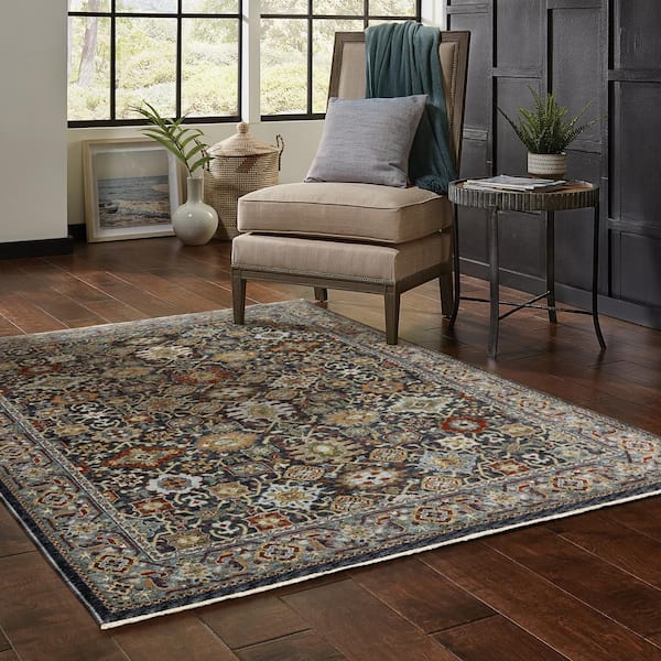 Ambrose Blue Doormat 3 ft. x 5 ft. Traditional Oriental Floral Polyester Fringe Edge Indoor Area Rug