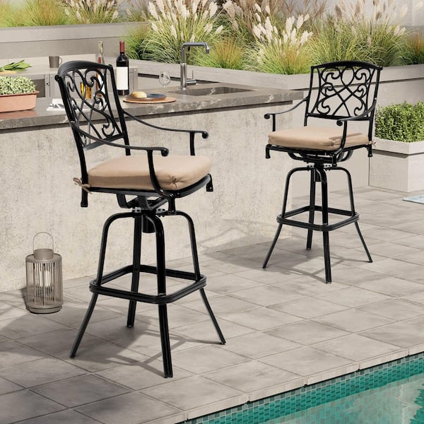 Crestlive Products Swivel Cast Aluminum Outdoor Bar Stool with Sunbrella Beige Cushion (2-Pack)