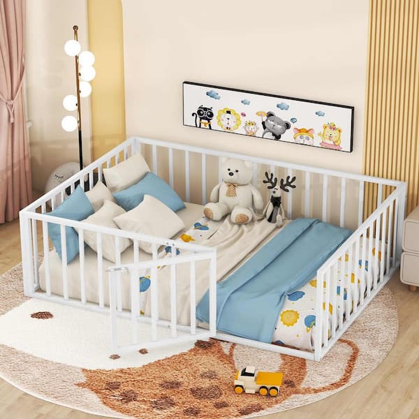 White Metal Frame Full Platform Bed with Fence and Door