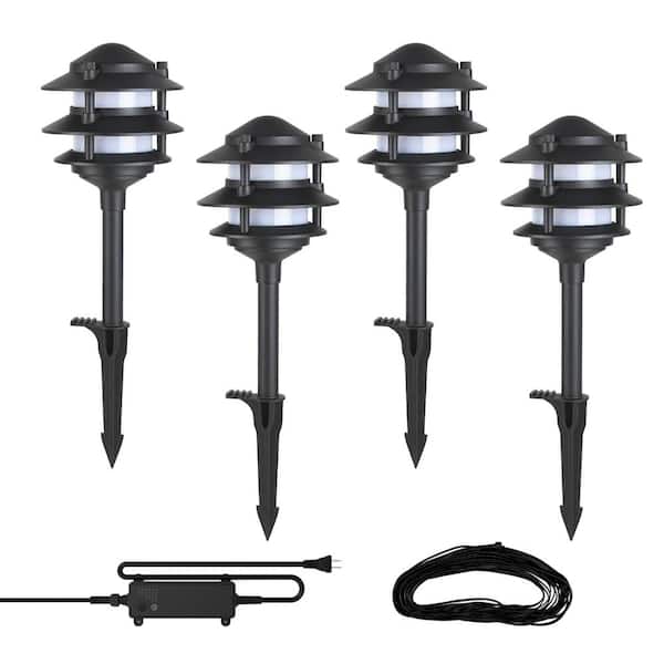 Hampton Bay Elmore 18 Lumen Low Voltage Black Hardwired Integrated LED Landscape Light Kit with Transformer Included (4-pack)
