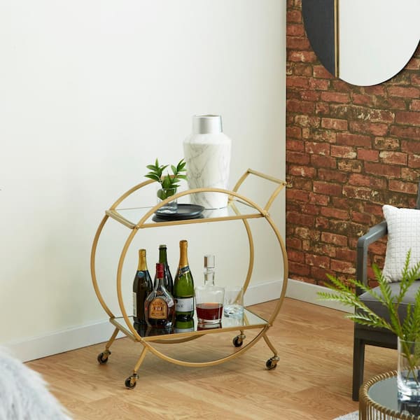 Litton Lane 30 in. H Gold Rolling 2 Mirrored Shelves Bar Cart with Wheels and Handle