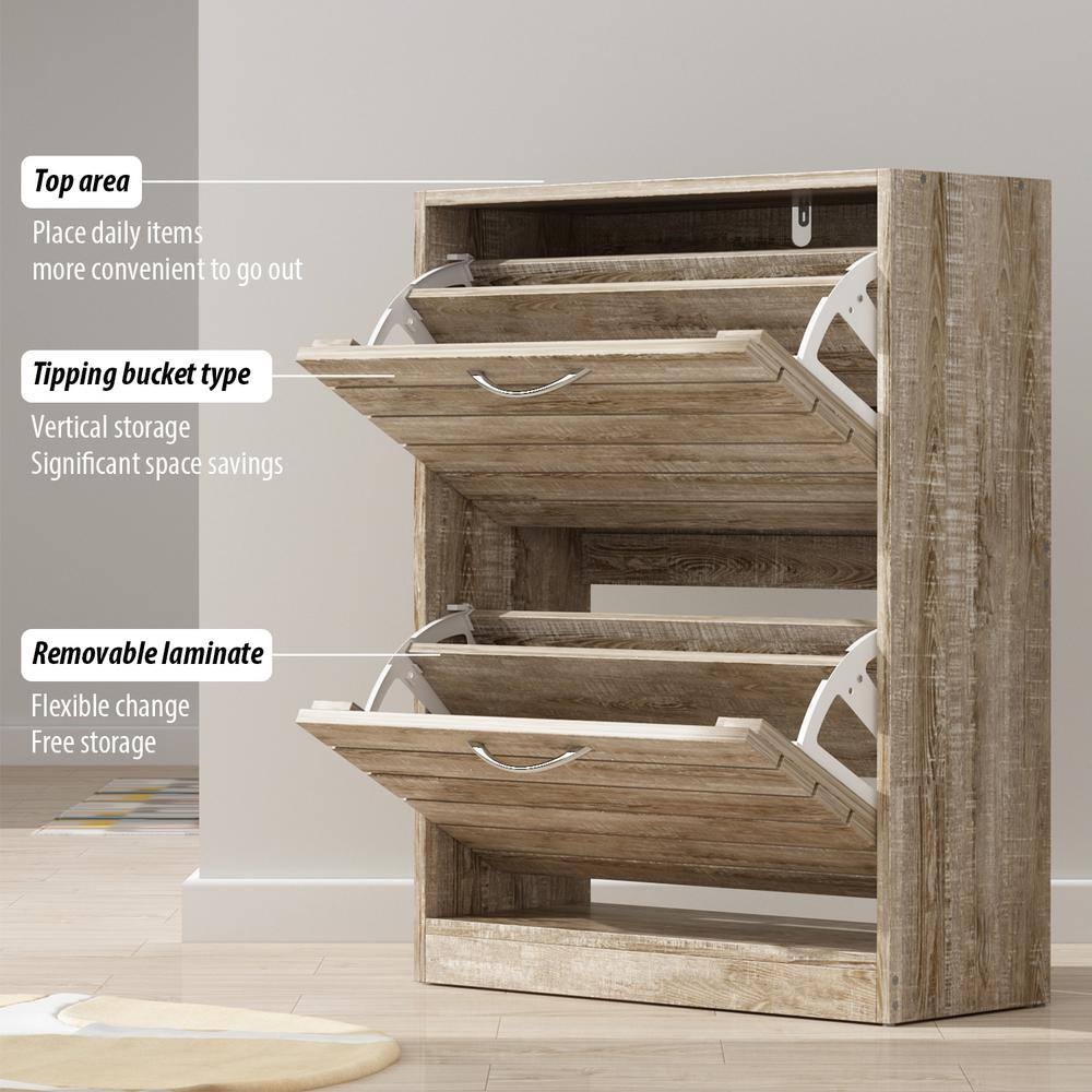 Natural Wood Shoe Storage Cabinet with Louver Doors and Flip Drawers