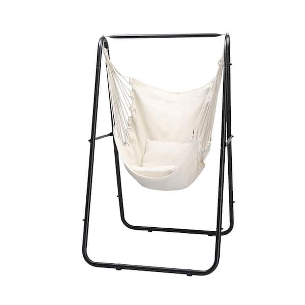 Single Person Outdoor Hammock Chair Set with Stand and Cushion in Beige