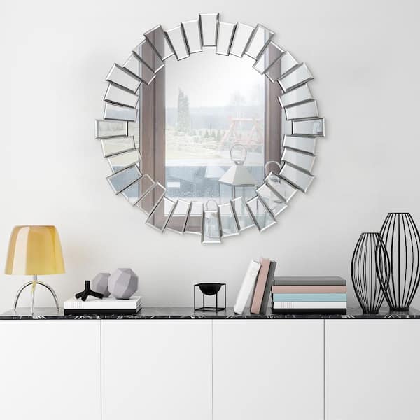 Empire Art Direct Medium Round Clear Beveled Glass Modern Mirror 34 In H X 1 38 W Mom 30812 3434 The Home Depot - Round Frameless Wall Mirror Uk