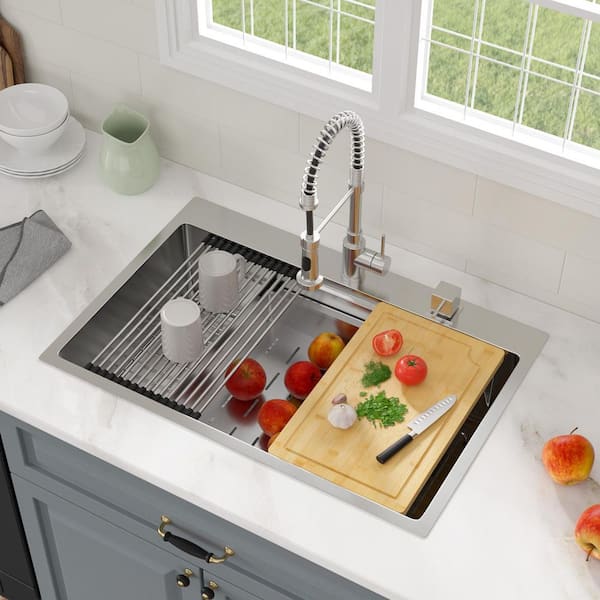 33 in. Drop-in Single Bowl 16-Gauge Stainless Steel Workstation Kitchen Sink with Bottom Grids, 2-Tiered Track