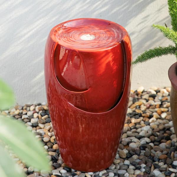 Glitzhome 21.25 in. H Red Ceramic Pot Fountain with Pump and LED Light
