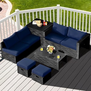 8-Piece Wicker Patio Conversation Set Storage Table Ottoman with Navy Cushions