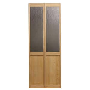 24 in. x 80 in. Rain Glass Over Raised Panel 1/2-Lite Pine Interior Wood Bi-Fold Door