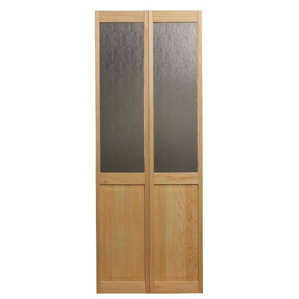 Pinecroft 30 in. x 80 in. Rain Glass Over Raised Panel 1/2-Lite Pine Interior Wood Bi-Fold Door