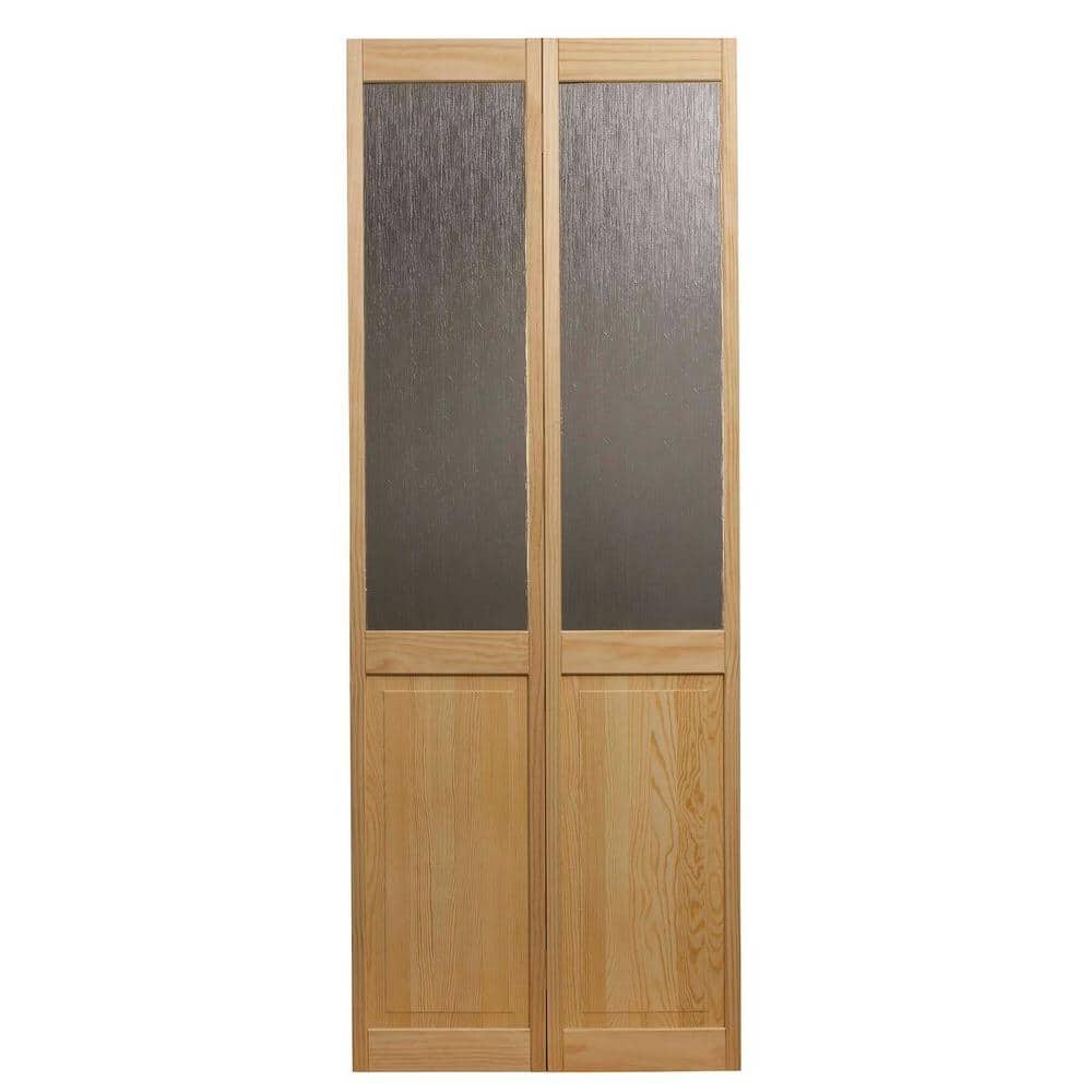 32 in. x 80 in. Rain Glass Over Raised Panel 1/2-Lite Pine Interior Wood Bi-Fold Door price history on PriceWatchPro