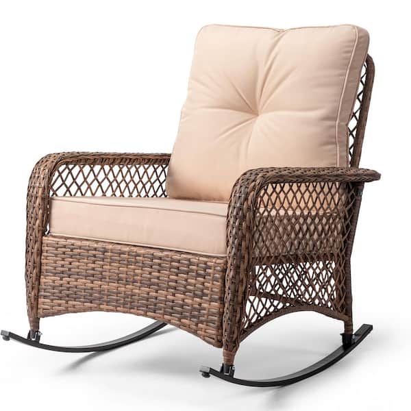 Metal and Wicker Outdoor Rocking Chair with Brown Cushion