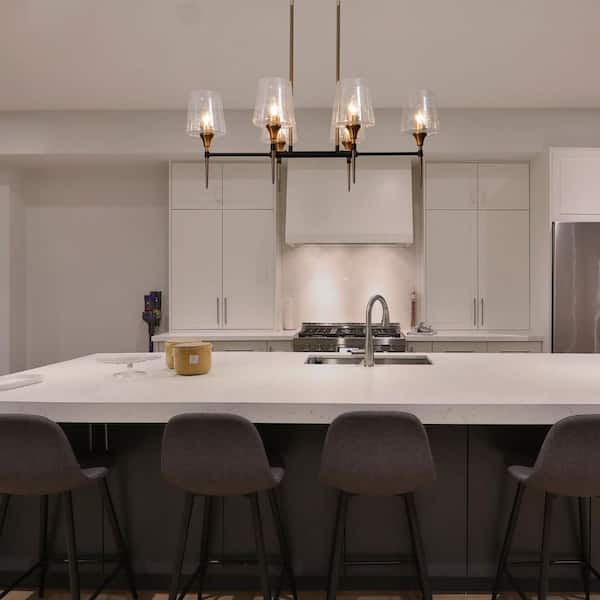 6-Light Modern Brass Gold Chandelier Light, Black Hanging Pendant Linear Hanging Ceiling Light with Seeded Glass