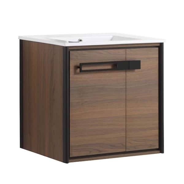 FINE FIXTURES Oakville 24 in. W x 18 in. D x 23.25 in. H Wall Mounted Bathroom Vanity in Brown with White Ceramic Sink Top