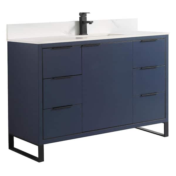 FINE FIXTURES Opulence 48 in. W x 18 in. D x 33.5 in. H Single Sink Bath Vanity in Navy Blue with White Carrara Top