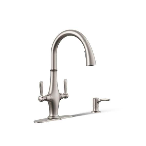 KOHLER Pannier Two-Handle Pull Down Sprayer Kitchen Faucet in Vibrant Stainless