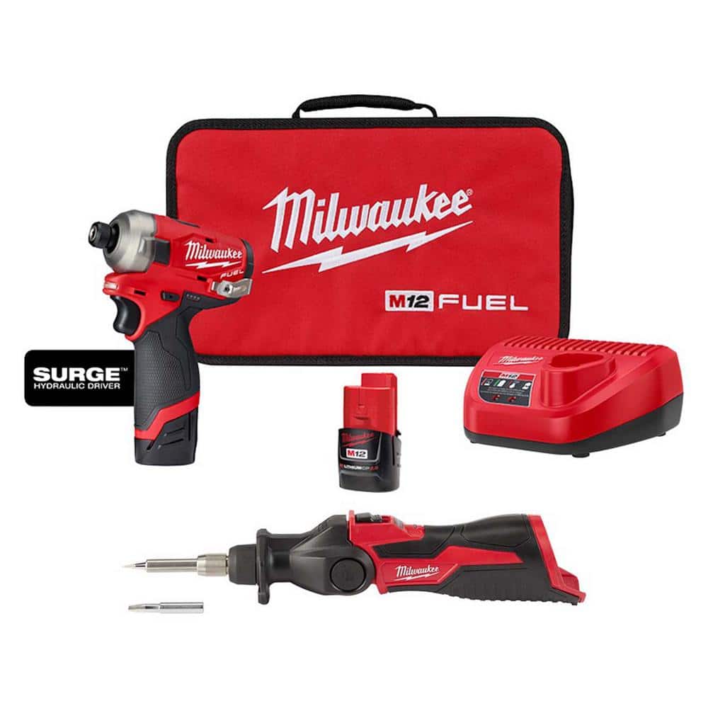 Milwaukee M12 FUEL SURGE 12-Volt Lithium-Ion 1/4 in. Cordless Hex Impact Driver Compact Kit with M12 Soldering Iron