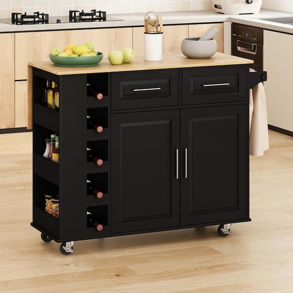Staykiwi Black MDF Kitchen Cart with 2-Door Cabinet, Spice Rack, Drop Leaf, Towel Rack and Minimalist Bar Stools