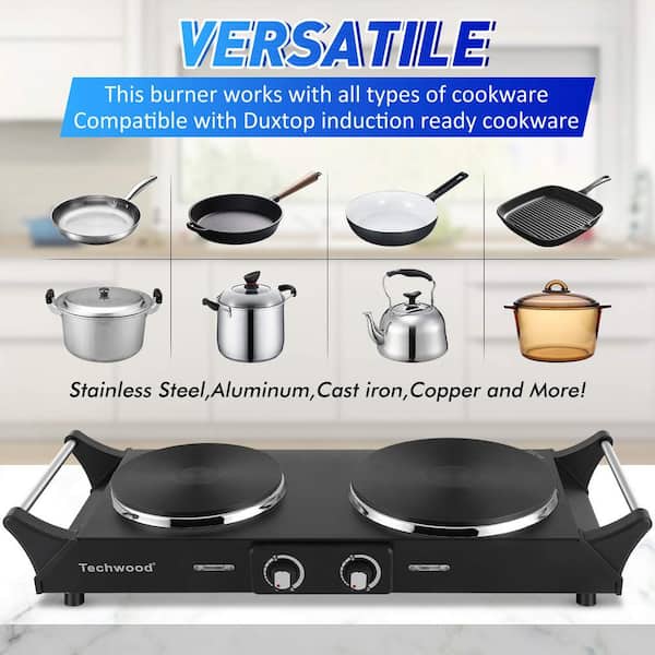 Electric Double Stovetop Hot Plate for Cooking 1800W 7.3/4 Glass Cast Iron  Portable Stove Burners Cool Touch Handle Cooktop Keeps Food Warm
