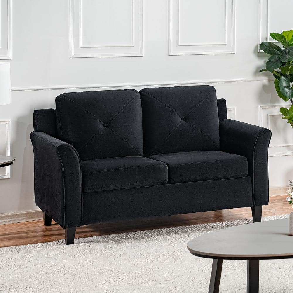 HOMESTOCK Button Tufted Loveseat Sofa Affordable Black Small Loveseat