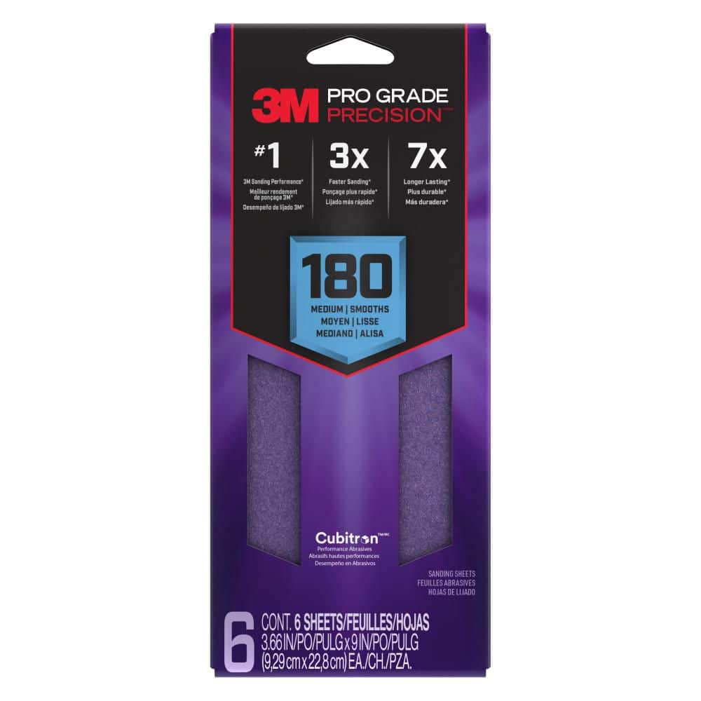 3M Pro Grade Precision 3.7 in. x 11 in. Fine 180-Grit Sheet Sandpaper (6-Pack)
