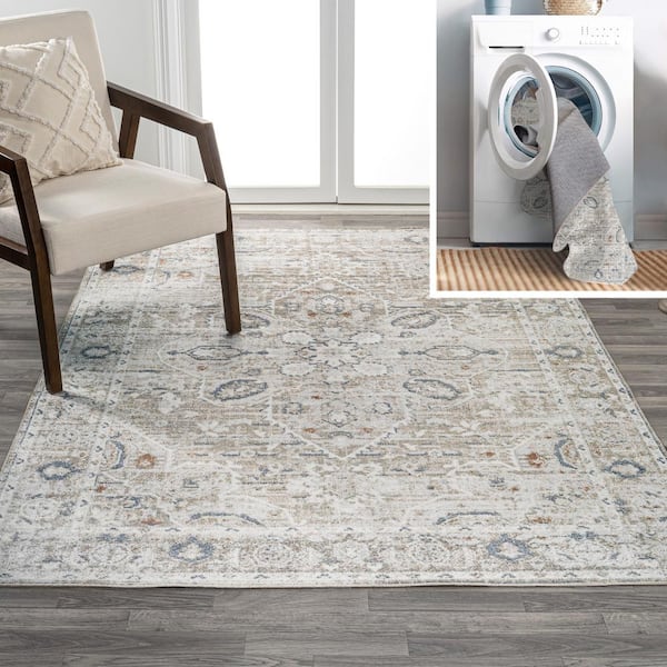 Shaii Global Light Gray/Brown 8 ft. x 10 ft. Medallion Low-Pile Machine-Washable Area Rug