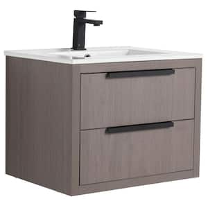 Kingsford 24 in. Single Wall Mounted Gray Oak Bath Vanity with Drawers with White Ceramic Sink