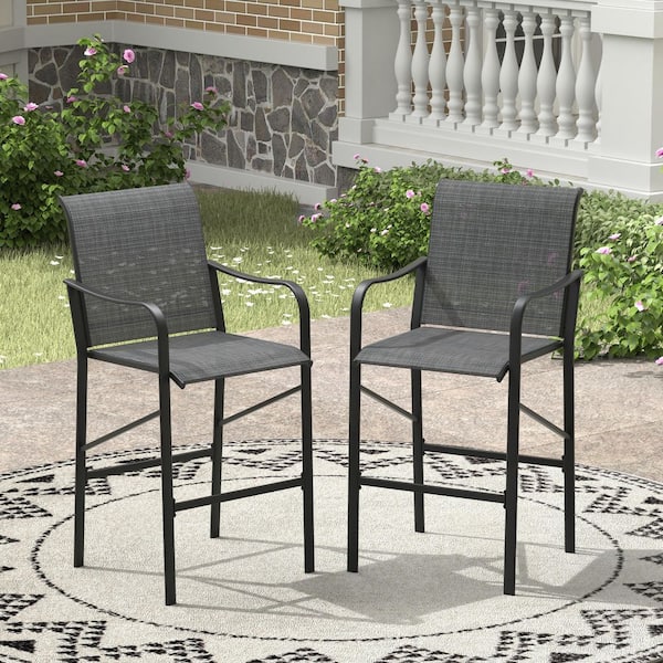 Gray Outdoor Bar Stool, Patio Bar Height Textilene Chairs with Armrest (4-Pack)