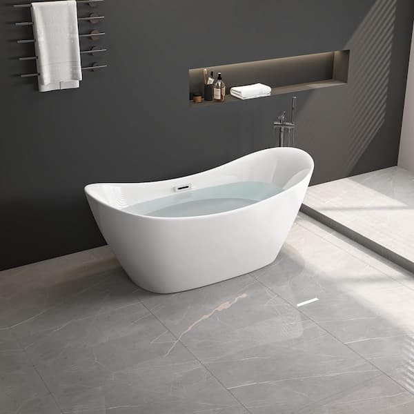 67 in. x 30 in. Acrylic Soaking Freestanding Twin Slipper Bathtub with Chrome Drain in Glossy White