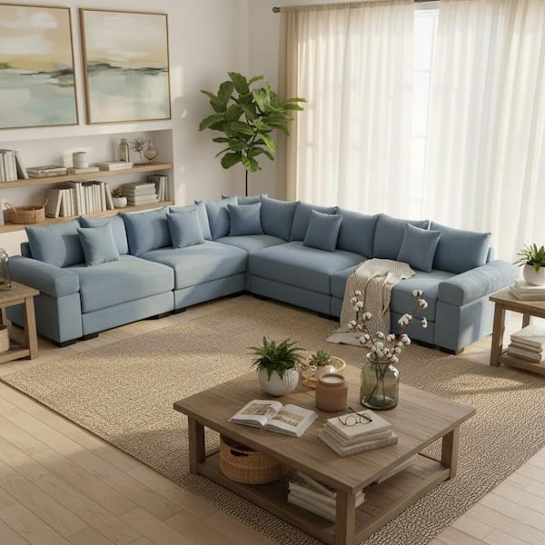 RSTDLM 154.6 in. Straight Arm 5-Piece Corduroy Modular Sectional Sofa with Ergonomic Design in Denim Blue