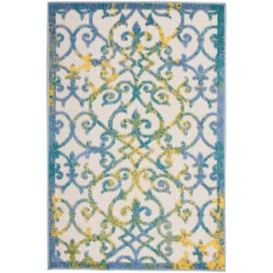 Aloha Ivory Blue doormat 3 ft. x 4 ft. Floral Contemporary Indoor/Outdoor Patio Kitchen Area Rug
