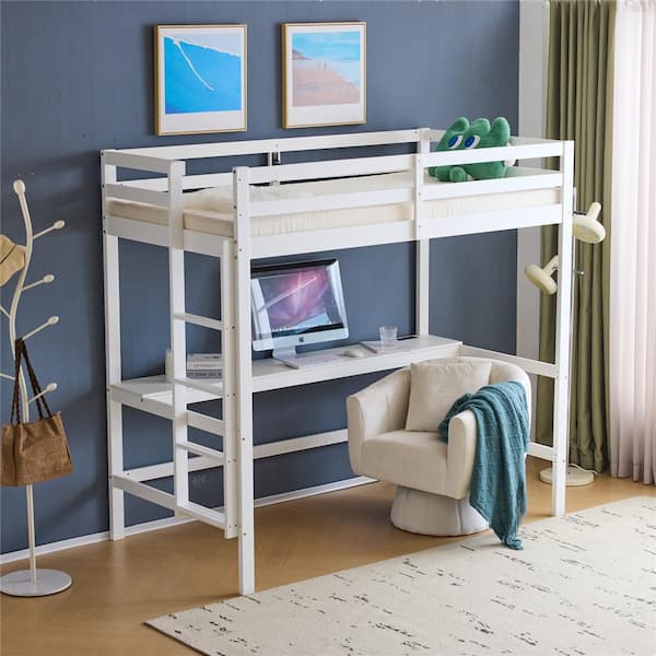 White Twin Size Wood Loft Bed with Desk, RGB LED for Adults, 2-Charging Station