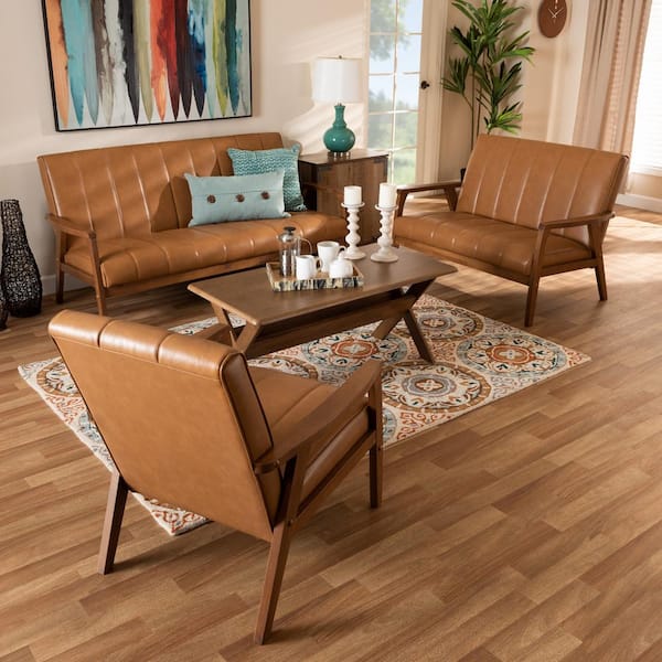 Baxton Studio Nikko 3 Piece Tan and walnut Brown Living Room Set