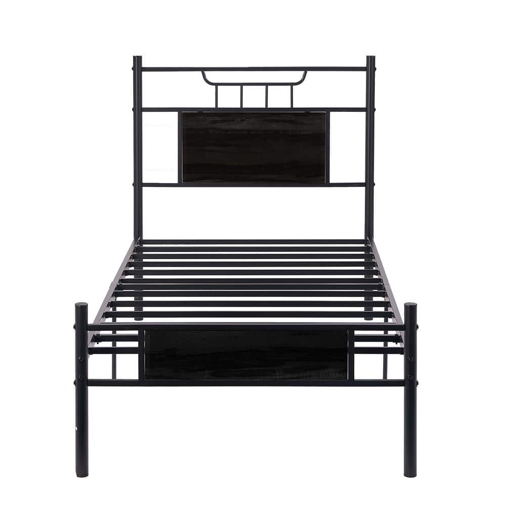 VECELO Black Twin Metal Platform Bed with Wood Headboard and
