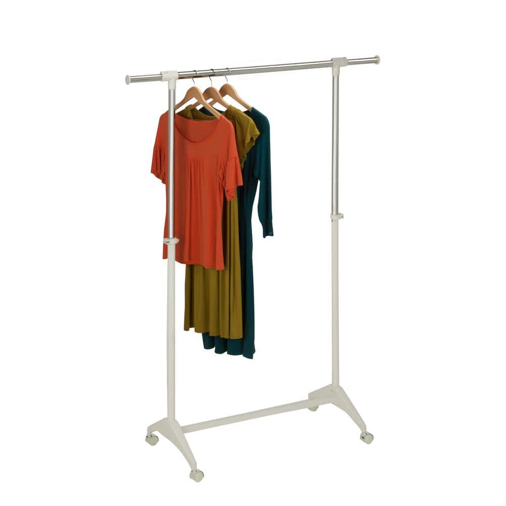 Adjustable Height Chrome and White Rolling Clothes Rack