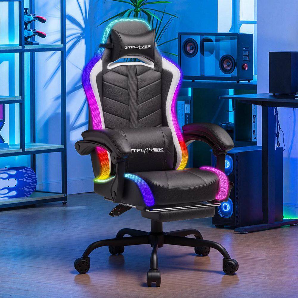Faux Leather LED Ergonomic Gaming Chair in Black with Headrest Lumbar Support Arm Chair