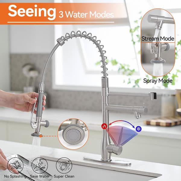 Spring Single-Handle Pull Down Sprayer Kitchen Faucet, Commercial High Goosenck Kitchen Sink Faucet in Brushed Nickel