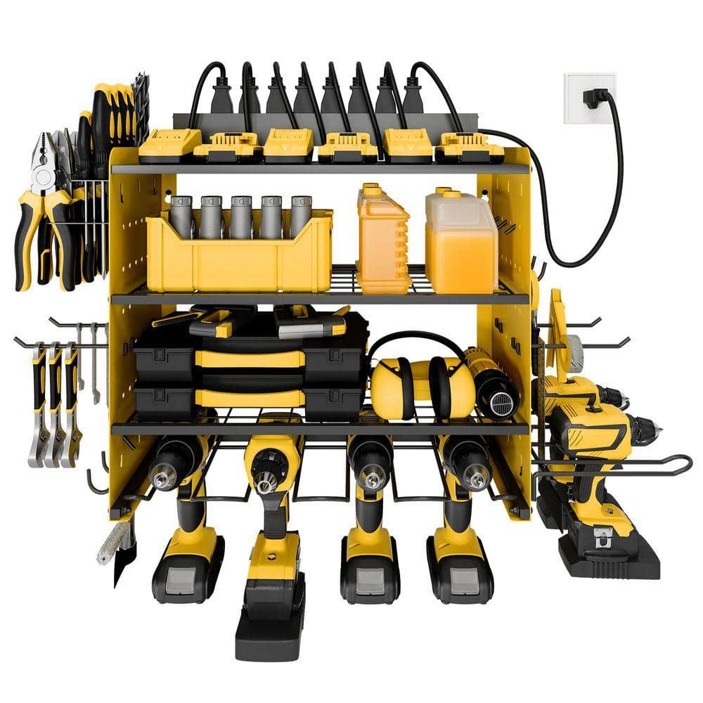 Sttoraboks 16 .6 in. Modular Power Tool Organizer with Charging Station, 150 lbs. Wall Mount Garage with hooks, Yellow PTR-001-yellow