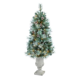 4.5 ft. Frosted Pre-Lit Pine Artificial Christmas Tree with 100 Clear Lights, Pine Cones and 228 Bendable Branches Urn