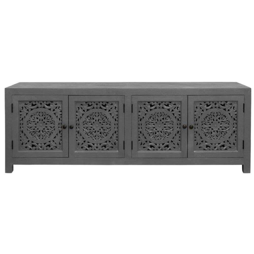 "86"" Dark Gray Carved Floral Distressed Solid Wood Enclosed Storage TV Stand" price history on PriceWatchPro
