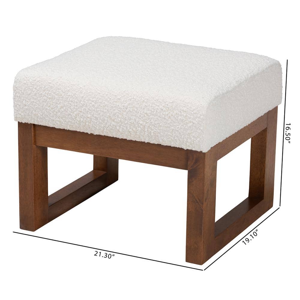 Off-White Boucle Upholstered Walnut Wood Ottoman Footstool