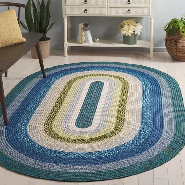 Braided Navy/Green 6 ft. x 9 ft. Machine Washable Multicolor Striped Oval Area Rug