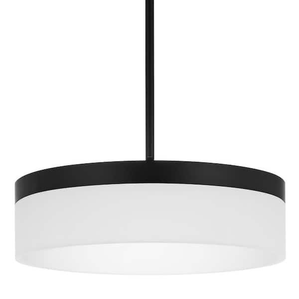 Hampton Bay Chartwell 35-Watt Matte Black Integrated LED Hanging Pendant with White Acrylic Shade