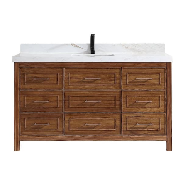 Luxury Ebony Series 60 in. 1 Freestanding Light Brown Finish Bath Vanity with 2 in. White Natural Marble Top Assembled