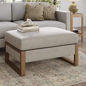 Madison Sand and Light Brown Fabric Upholstered Modern Rectangular Ottoman with Hidden Storage, with Solid Wood Legs