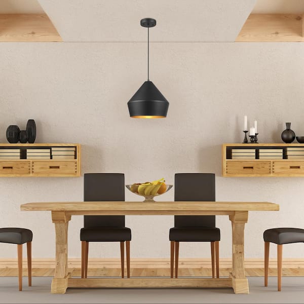 Amara 1-Light Matte Black Shaded Pendant Light with Gold Interior