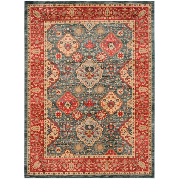 Mahal Navy/Red 11 ft. x 16 ft. Border Floral Medallion Area Rug