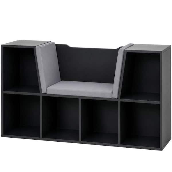 Black Modern Multi-Purpose Bookshelf with Storage Space and Gray Cushioned Reading Nook